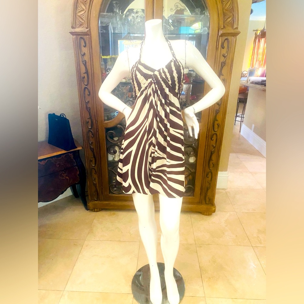BGBGMaxazria BGBG Brown/Cream Halter Low Back Jersey Dress Sz XS